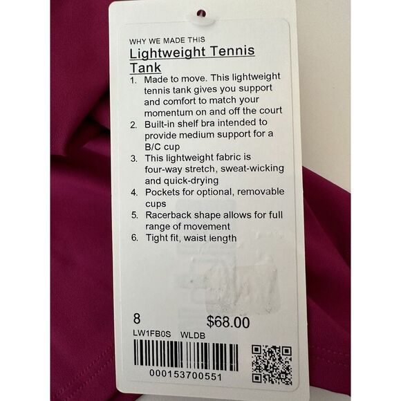 Lululemon Tank Top Women's Size‎ 8 Lightweight Tennis Tank Magenta  Outdoor NWT - Picture 4 of 6